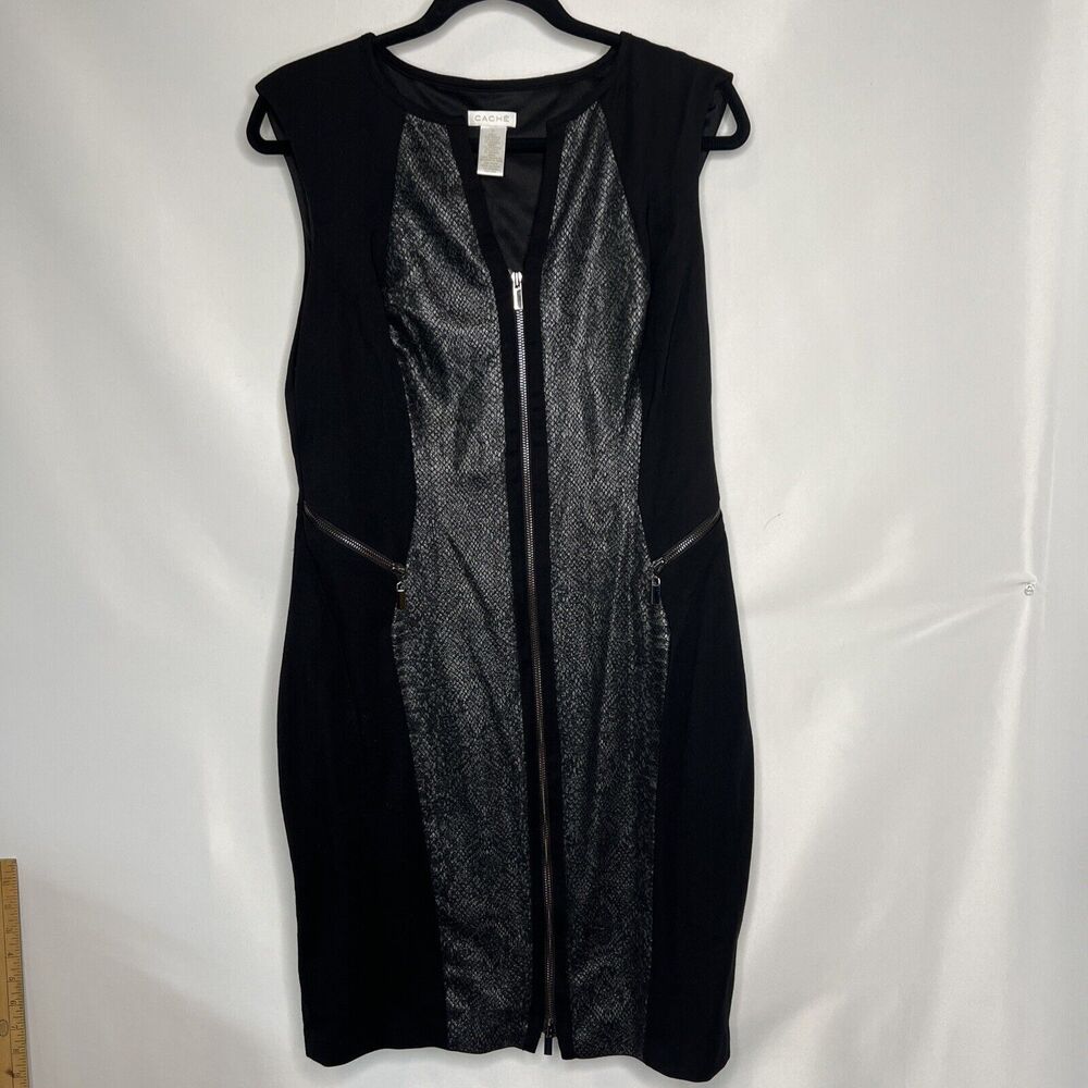 CACHE Viscose blend Stretch Sleeveless Zip front Combo Sheath Black Dress 14